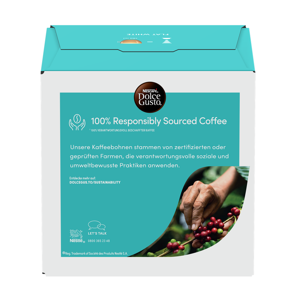 VORTEILSPACK FLAT WHITE – 96 KAPSELN Box - Rückseite mit Produktinformationen - NESCAFÉ® Dolce Gusto®
