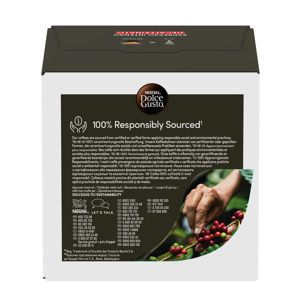 Espresso Intenso Decaffeinato Box - Rückseite mit Produktinformationen - NESCAFÉ® Dolce Gusto® Espresso Intenso Decaffeinato Box - Rückseite mit Produktinformationen - NESCAFÉ® Dolce Gusto®