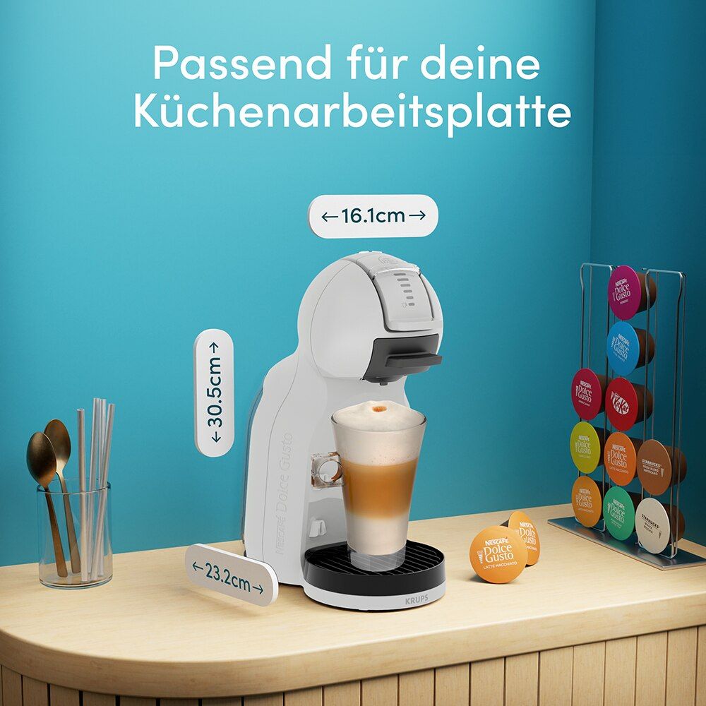 Mini Me 2 Kapselmaschine in einer Küchenecke mit Abmessungen.