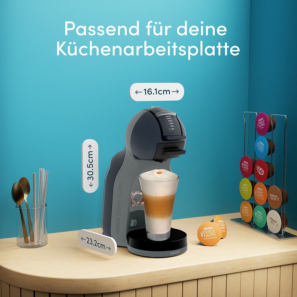 Mini Me 2 Kapselmaschine in einer Küchenecke mit Abmessungen.