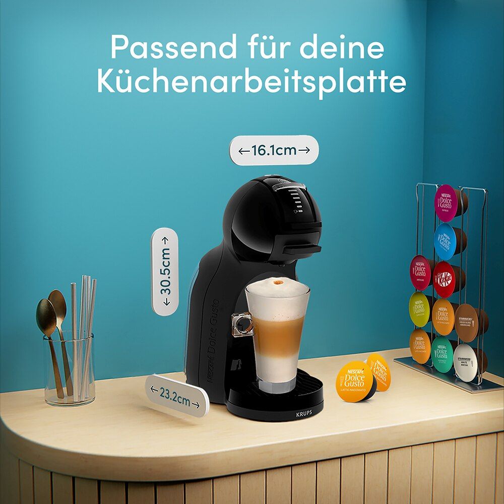 Mini Me 2 Kapselmaschine in einer Küchenecke mit Abmessungen.