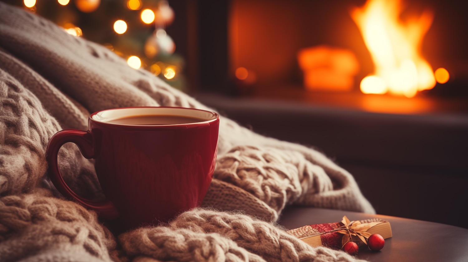 Cozy coffee by fireplace