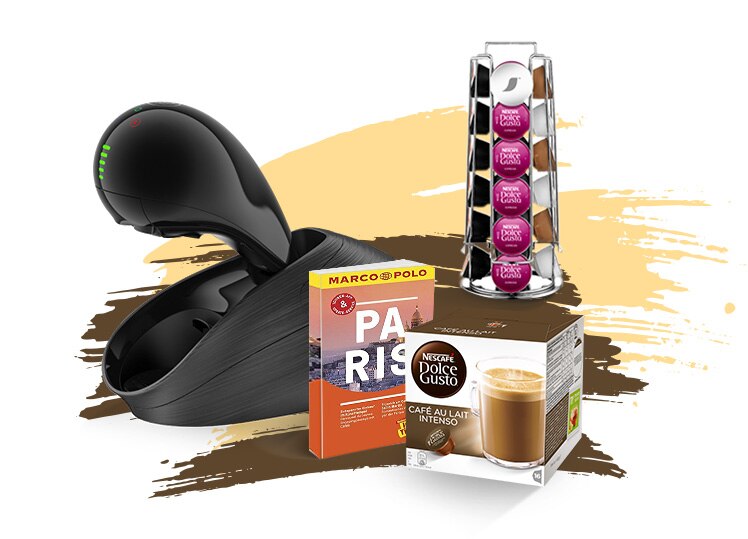 2. + 3. Platz: Jeweils eine Kapselmaschine MOVENZA® Schwarz Metall sowie eine Kapselpackung Café au Lait Intenso, ein Metall-Kapselhalter und ein Reiseführer für Frankreich von MARCO POLO