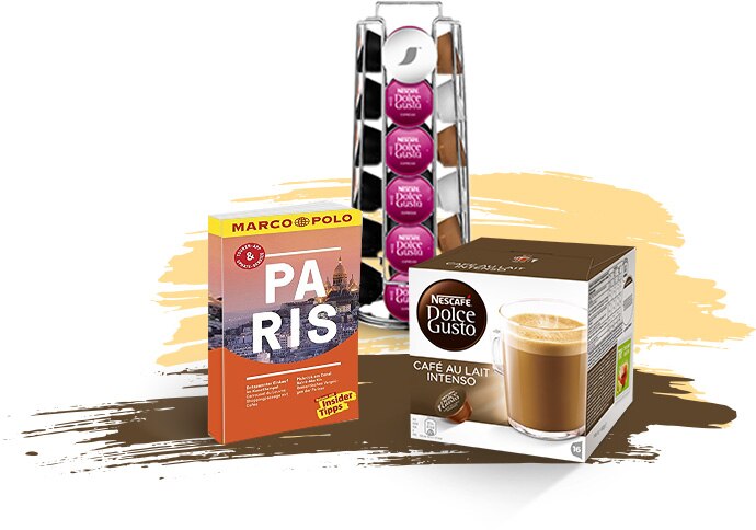 4. - 10. Platz: Produktpaket, bestehend aus einer Kapselpackung Café au Lait Intenso, einem Metall-Kapselhalter und einem Reiseführer für Frankreich von MARCO POLO