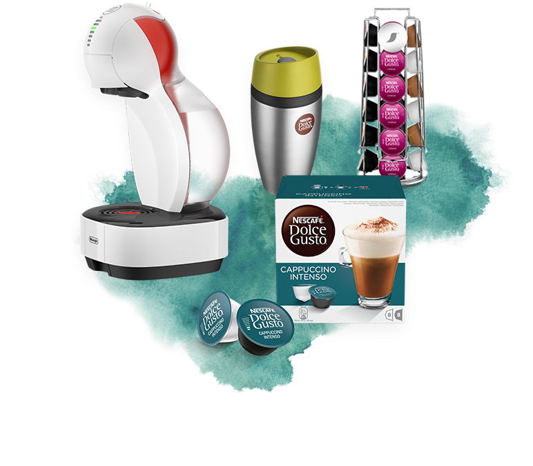Jeweils eine Kapselmaschine Colors Weiß, eine Kapselpackung Cappuccino Intenso, ein Travelmug und ein Metall-Kapselhalter