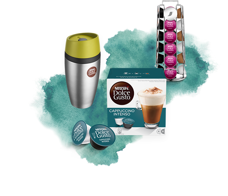 Produktpaket, bestehend aus einem Travelmug, einer Kapselpackung Cappuccino Intenso und einem Metall-Kapselhalter