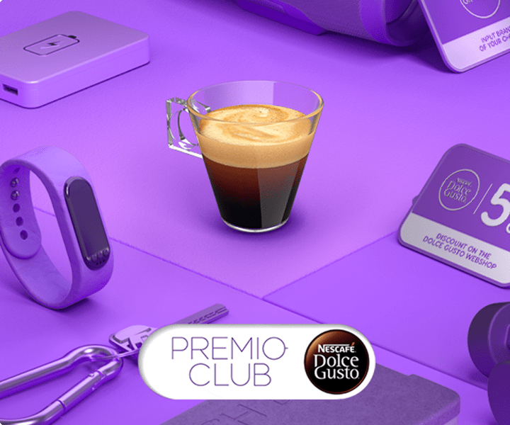 Espressotasse vor einem lila Hintergrund mit PREMIO Logo und Pr&auml;mien