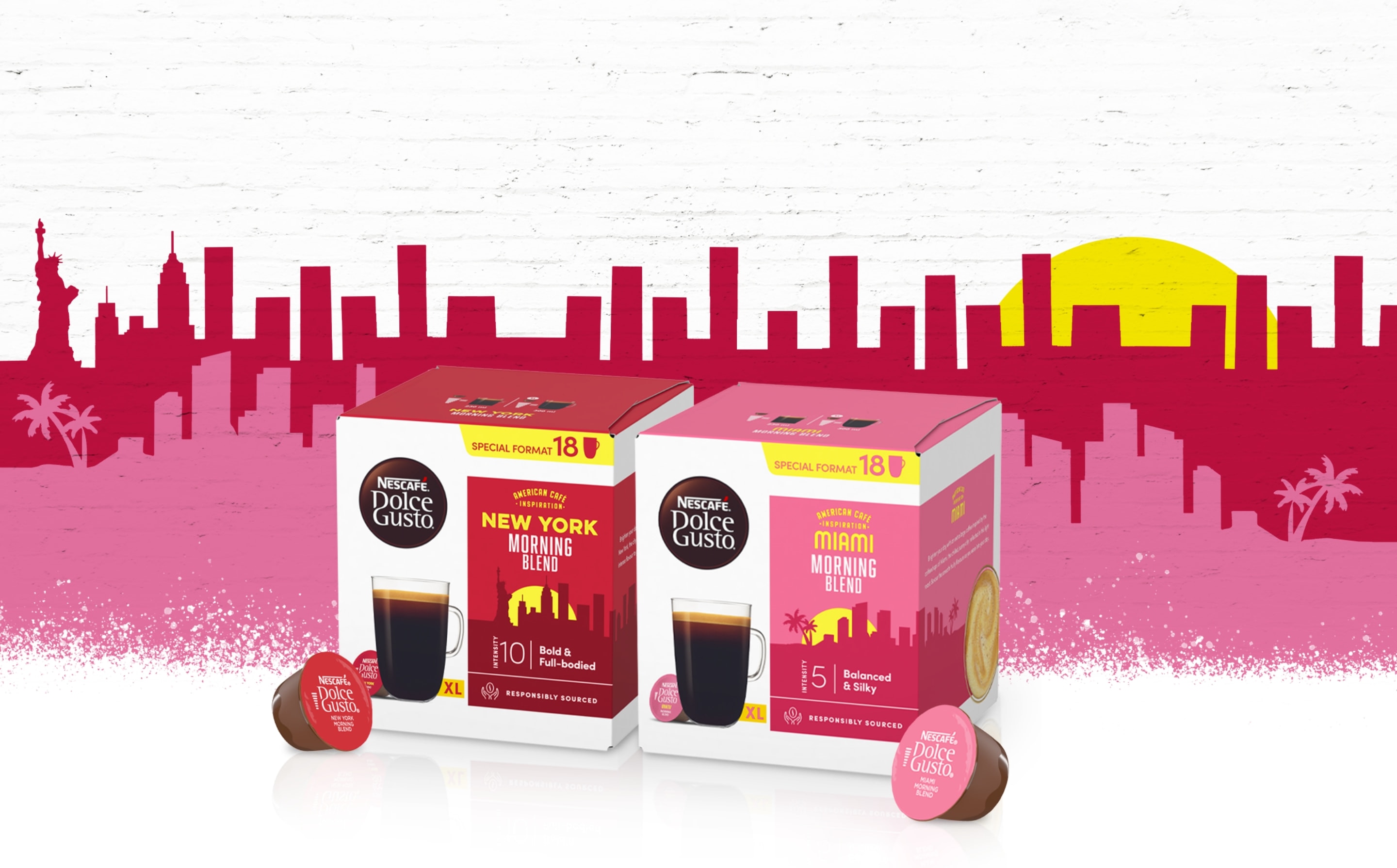 2  NESCAFÉ® Dolce Gusto® Kapselboxen: New York Morning Blend +  Miami Morning Blend